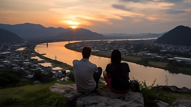 Ein Paar aus Mann und Frau sitzt auf einem Hügel und sieht den Sonnenuntergang