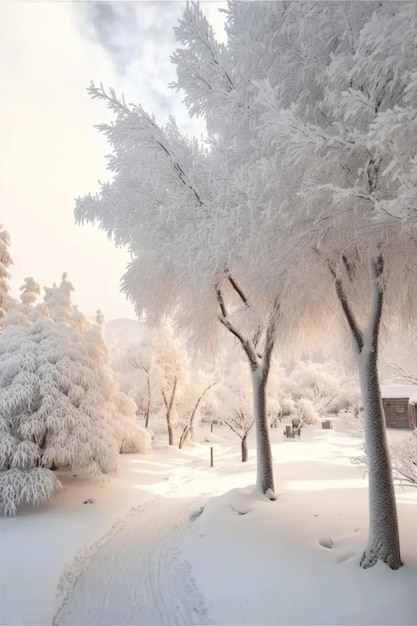Ein paar Bäume, die im Schnee stehen, generatives ai