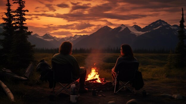 Ein Paar bei einem Feuer im Teklanika Campingplatz Denali Nationalpark AI