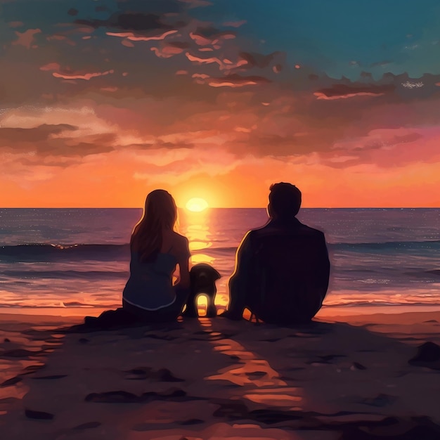 Ein Paar beobachtet den Sonnenuntergang am Strand. Generative KI