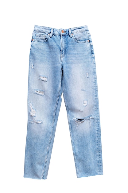 Ein Paar blaue Jeans mit zerrissenen Löchern an der Seite