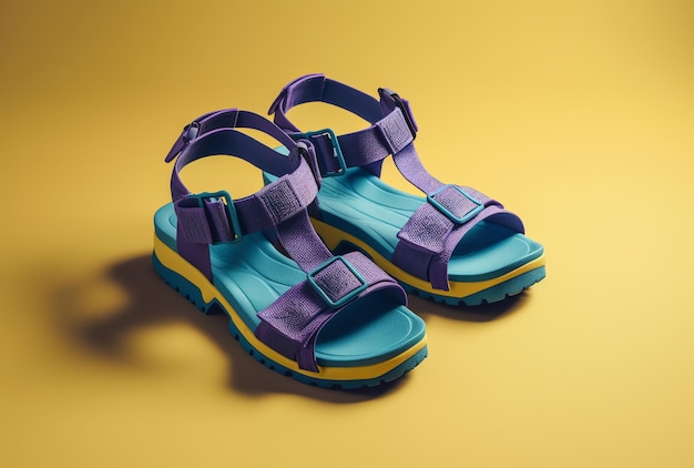 Ein Paar blaue und lila Sandalen mit dem Wort „Sandale“ auf der Unterseite.