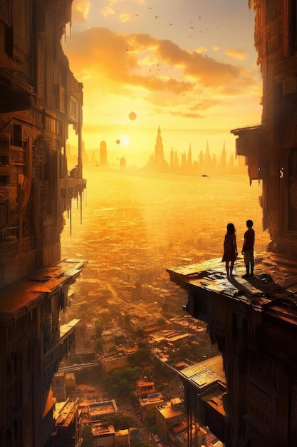 Ein Paar blickt auf eine Stadt mit einem Sonnenuntergang im Hintergrund