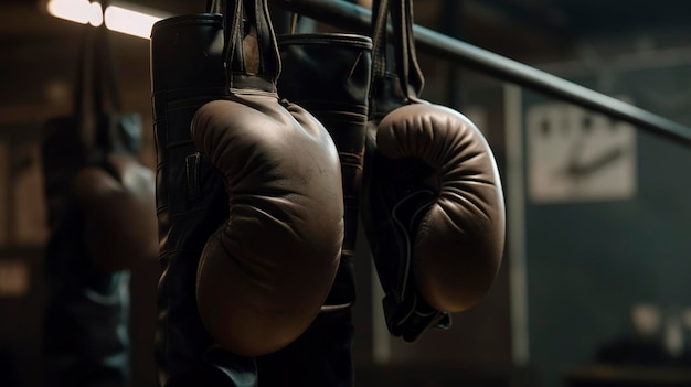 Ein Paar Boxhandschuhe hängen an einem Haken in einem Boxstudio