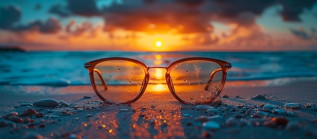 ein Paar Brillen, die am Strand stehen