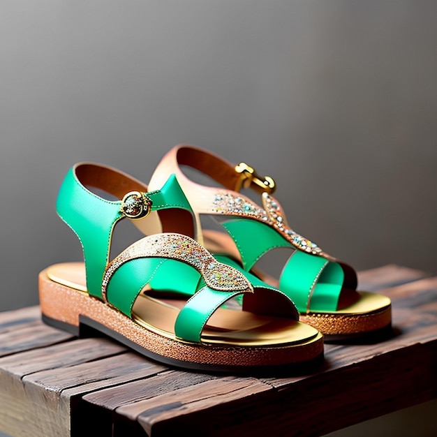 Ein Paar bunte Sandalen mit einem grünen Etikett, auf dem „Love“ steht.