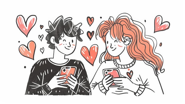 Ein Paar Charaktere, die sich auf ihren Smartphones verabreden, die in einem Illustrationsstil eines modernen Schreibzeichens gezeichnet sind