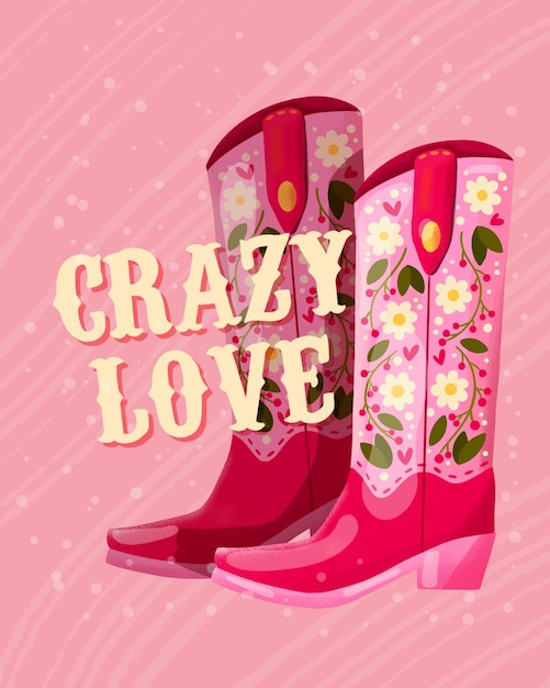 Ein Paar Cowboystiefel, verziert mit Blumen und der Handschrift „Crazy Love“.