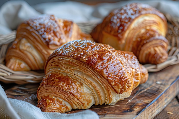 Ein Paar Croissants sitzen auf einem Holzplatt