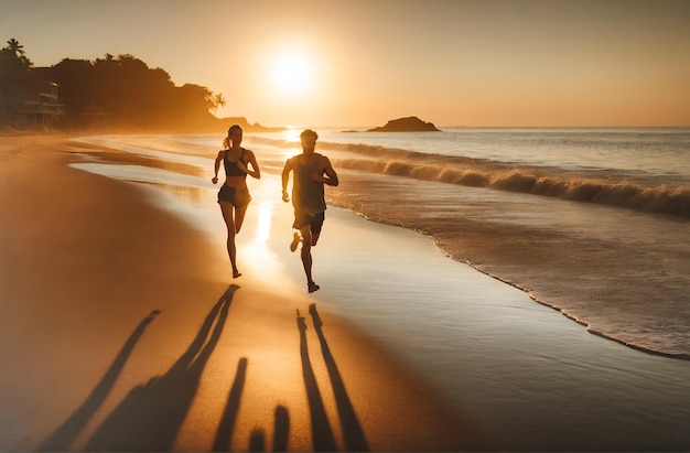 ein Paar, das am Abend zusammen am Strand läuft