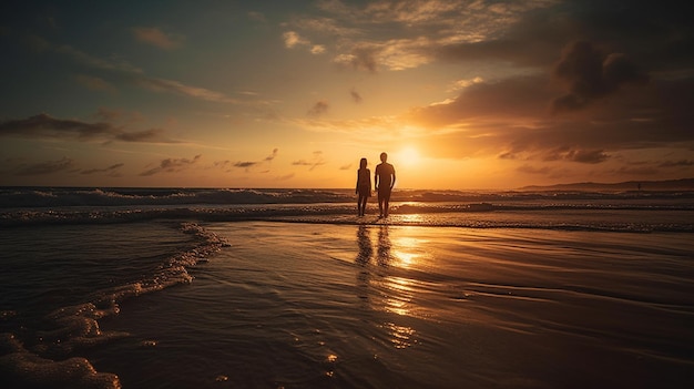 Ein Paar, das an einem Strand spaziert, während die Sonne im Hintergrund untergehtGenerative KI