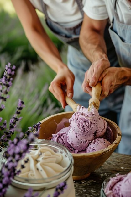 Ein Paar, das handgefertigte Lavendel-Eis mit Blütenduft in der Luft schmeckt, süße Erinnerungen.