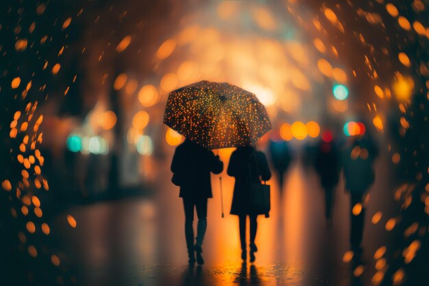 Ein Paar, das in der Regennacht im Bokeh-Hintergrund spazieren geht