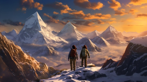 Ein Paar, das mit dem Rucksack durch ein schneebedecktes Gebirgszug fährt, umgeben von hohen Gipfeln, eine Mischung aus Aufregung und Gelassenheit.
