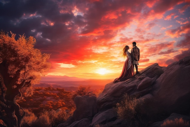 Ein Paar, das sich unter einem atemberaubenden Sonnenuntergang umarmt, erstellt mit generativer KI-Technologie