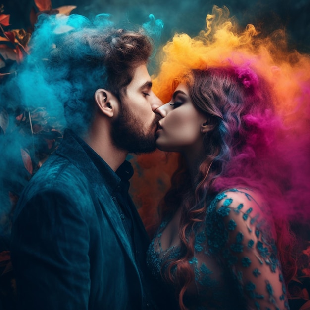 Ein Paar, das sich vor einem rauchgefüllten Himmel küsst