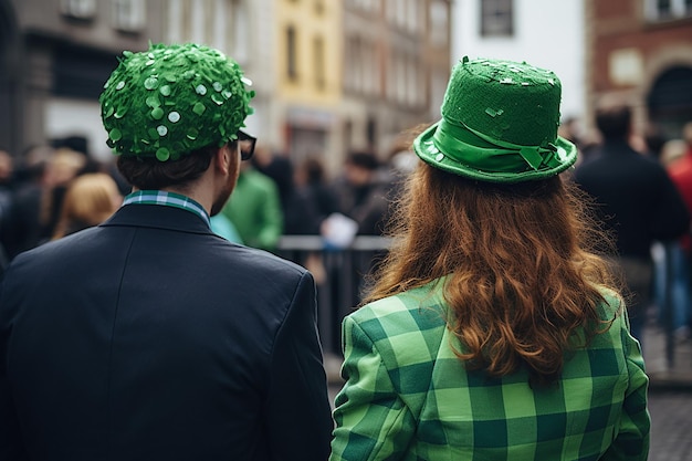 ein Paar, das von hinten gesehen wurde, verkleidet für den St. Patrick's Day auf einer Party