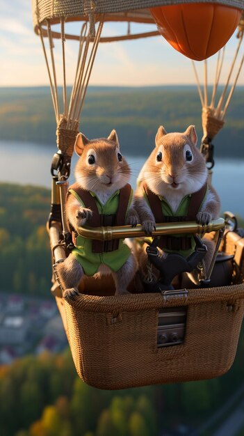 Ein paar Eichhörnchen auf einem Heißluftballon im Herbstwald