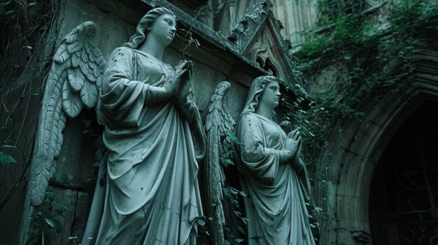 Foto ein paar engel-wächter flankieren den eingang zu einer gotischen kathedrale.