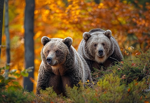 Foto ein paar europäischer braunbären spazieren durch den herbstwald natur fotografie von wildtieren