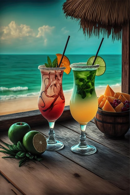 Ein paar exotische Cocktails am Meer in einem Holztisch mit Blick auf den Ozean Tropische Pause Generative KI
