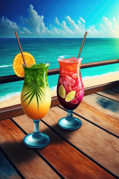 Ein paar exotische Cocktails am Meer in einem Holztisch mit Blick auf den Ozean Tropische Pause Generative KI