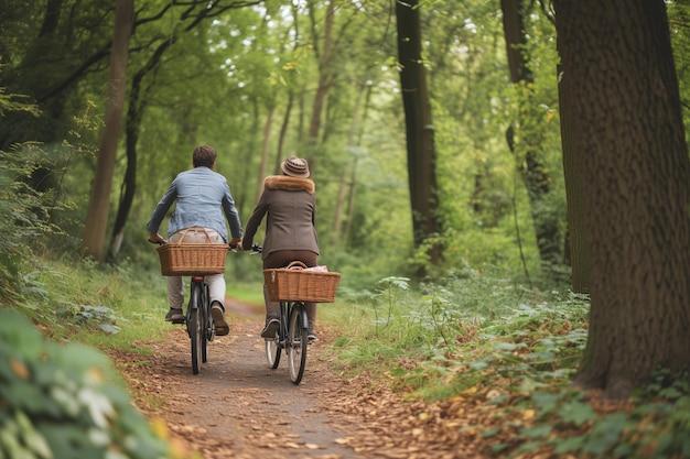 Ein Paar fährt mit einem Picknickkorb auf einem Waldpfad mit dem Fahrrad