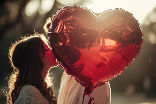 Ein Paar feiert seine Liebe mit einem großen roten herzförmigen Ballon und fängt seine Freude in einem einzigen Moment ein