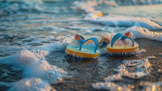 Foto ein paar flip-flops am ozean neben dem wasser, die eine malerische strandkunst erzeugen
