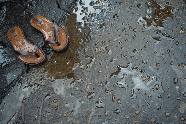 Ein Paar Flip-Flops sitzt in einer Pfütze mit Wasser