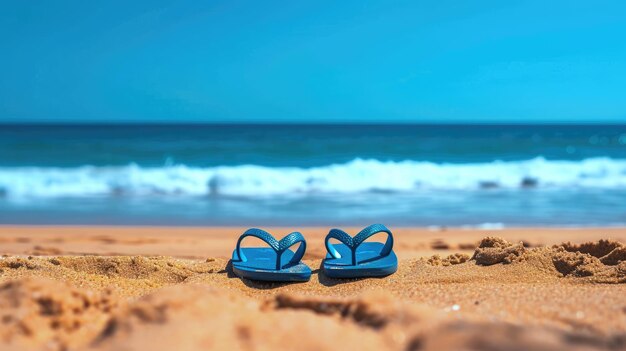 Ein Paar Flipflops ruht am sandigen Ufer mit Blick auf den ausgedehnten Ozean und ruft eine