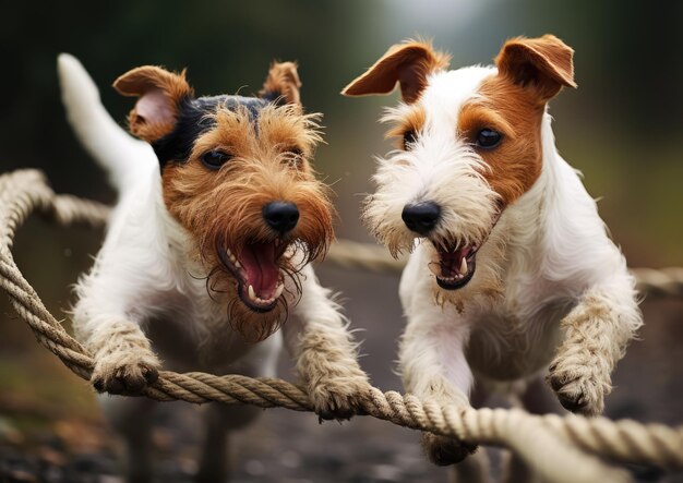 Foto ein paar foxterrier nahm an einem freundschaftlichen tauziehen teil