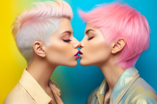 Ein paar Frauen küssen sich, während sie rosa und blaue Haare und Make-up tragen. Generative KI