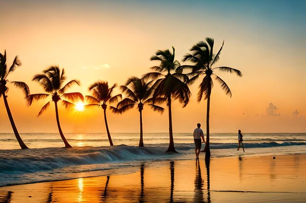 Ein Paar geht bei Sonnenuntergang am Strand spazieren