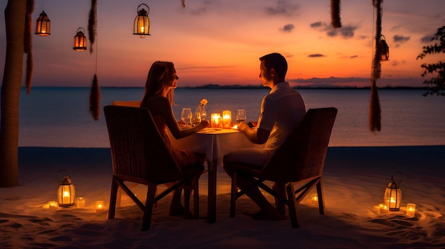 Ein Paar genießt ein romantisches Abendessen am Strand bei Kerzenlicht