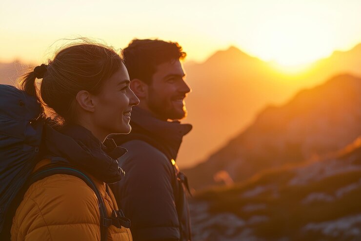 Ein Paar genießt einen freudigen Moment beim Wandern auf einem landschaftlich reizvollen Bergweg bei Sonnenaufgang.
