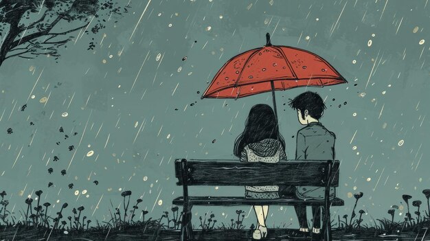 Ein Paar genießt einen Moment der Entspannung, während sie unter einem Regenschirm auf einer Bank sitzen