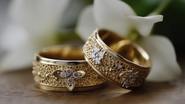 Ein Paar goldene Ringe mit einer Blume im Hintergrund