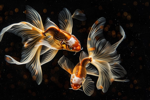 Ein Paar Goldfische, die in einem synchronen Muster zusammen schwimmen