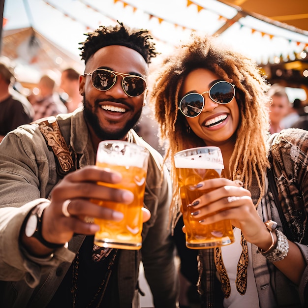 Ein Paar hält Bier vor einem Mann mit Sonnenbrille.