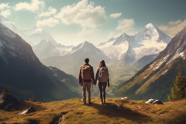 Ein Paar hält sich an den Händen und geht auf einen Berggipfel.
