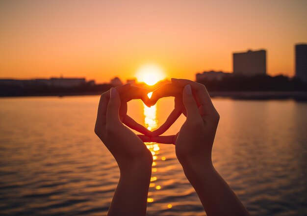 ein Paar Hände, die bei Sonnenuntergang eine Herzform im Stil romantischer Flussschauen erzeugen