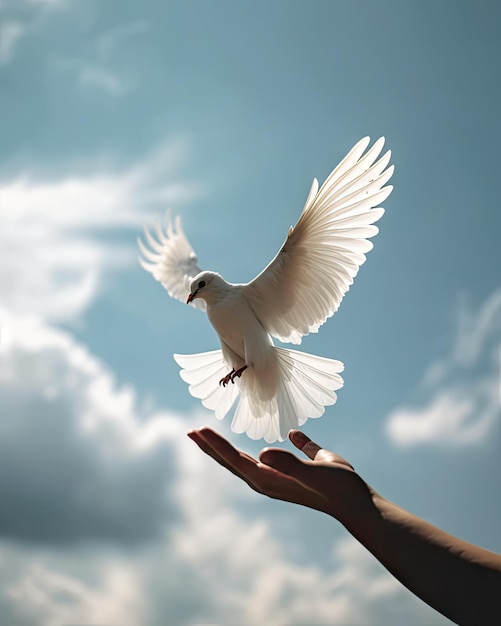 Ein Paar Hände, die eine weiße Taube in den offenen Himmel freigeben