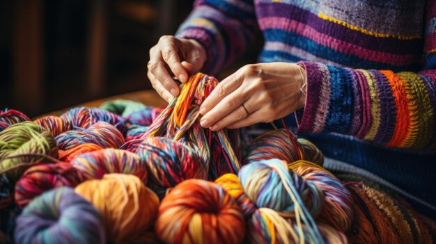 Foto ein paar hände, die einen bunten gestreiften schal stricken