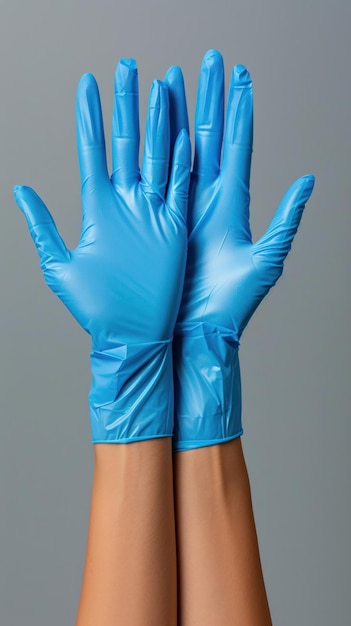 Ein Paar Hände mit blauen Latexhandschuhen