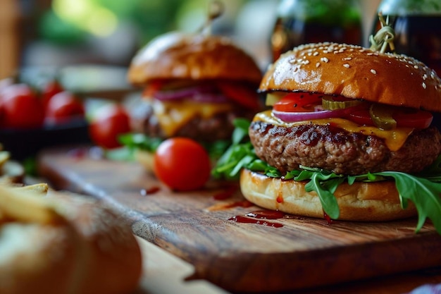 Foto ein paar hamburger sitzen auf einem hölzernen schneidebrett