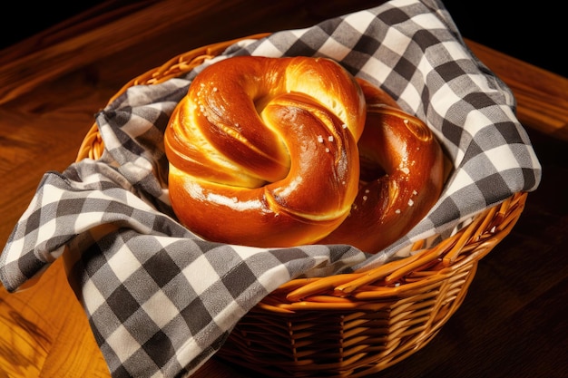 Ein Paar hausgemachte warme und zarte weiche Brezeln liegen in einem Brotkorb, begleitet von einer Serviette