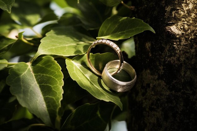 Foto ein paar hochzeitsringe sitzen auf der spitze eines baumes