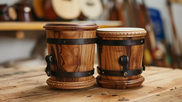 Ein Paar hölzerne Bongos sitzt auf einem hölzernen Tisch in einem Musikstudio