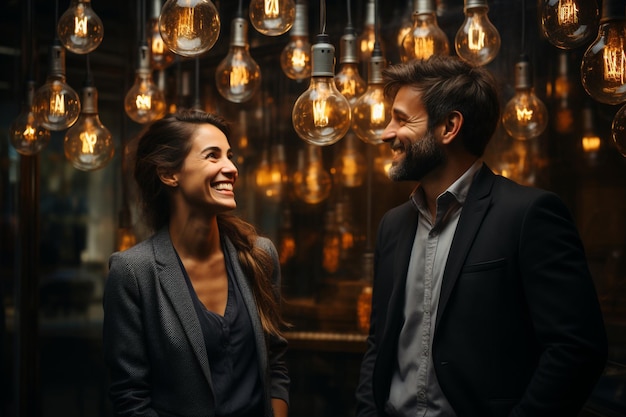 Ein Paar in Anzug und Anzug steht vor einer Wand mit hängenden Lichtern.